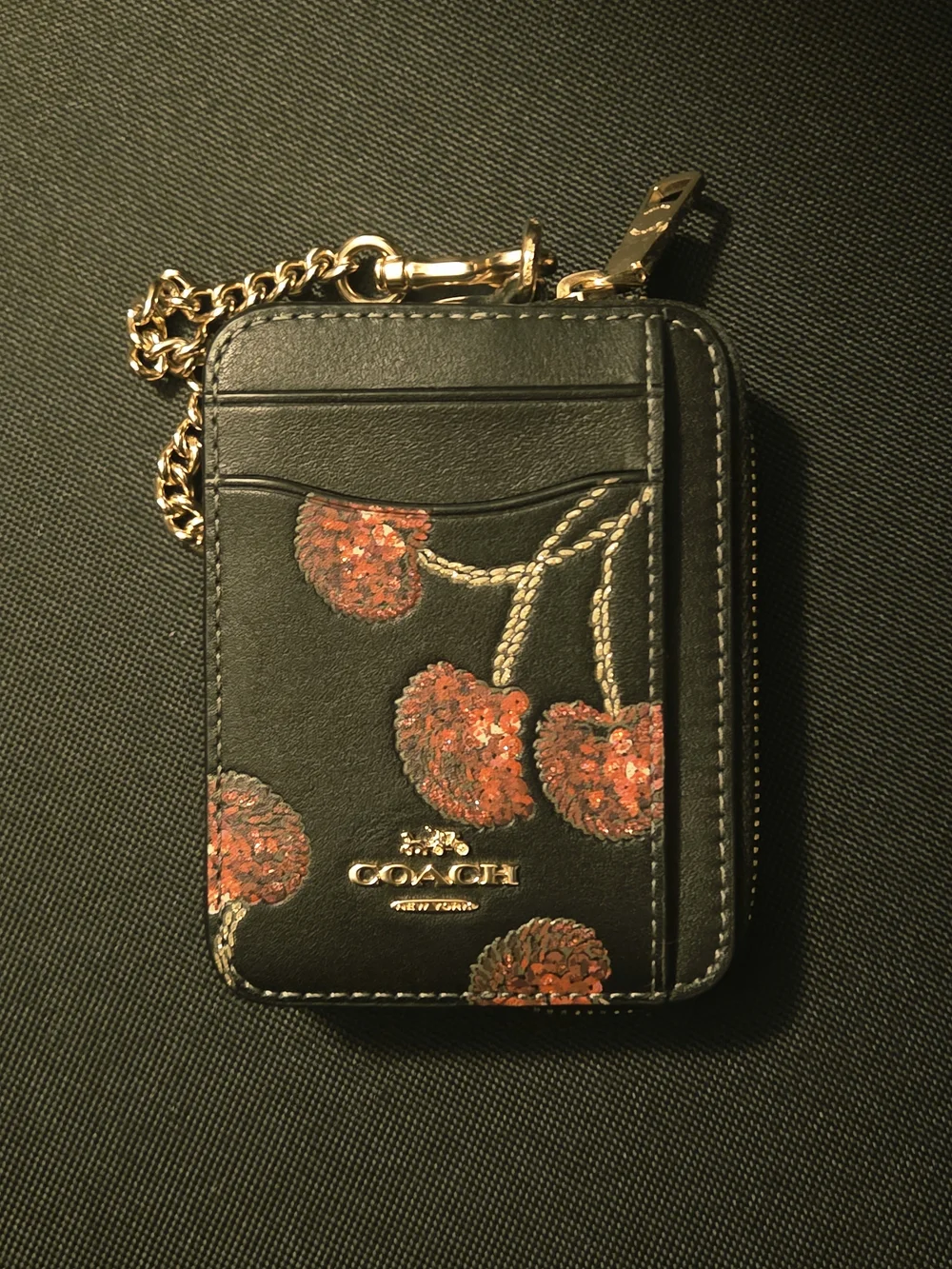 Coach Black Leather Cherry Sequin Cardholder with Gold Chain